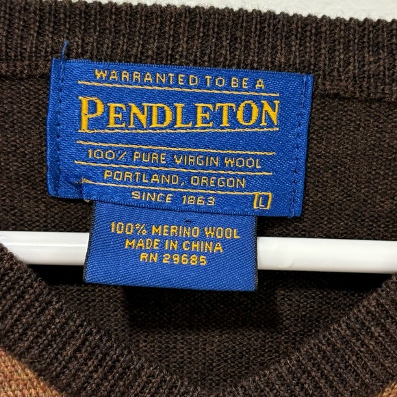 Pendleton Merino Wool Mens Sweater V-neck Plaid Argyle Brown Yellow Maroon - Picture 2 of 11